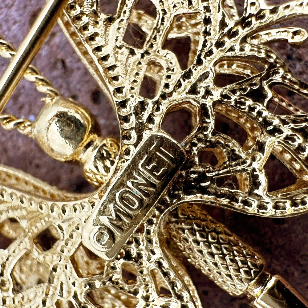 Vintage Monet Gold‎ Tone Butterfly Brooch Double Wing Filigree 1.5